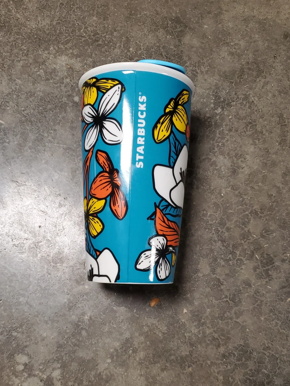 Starbucks 2019 Teal Poppy Flowers Ceramic Travel Tumbler with 12 oz Capacity